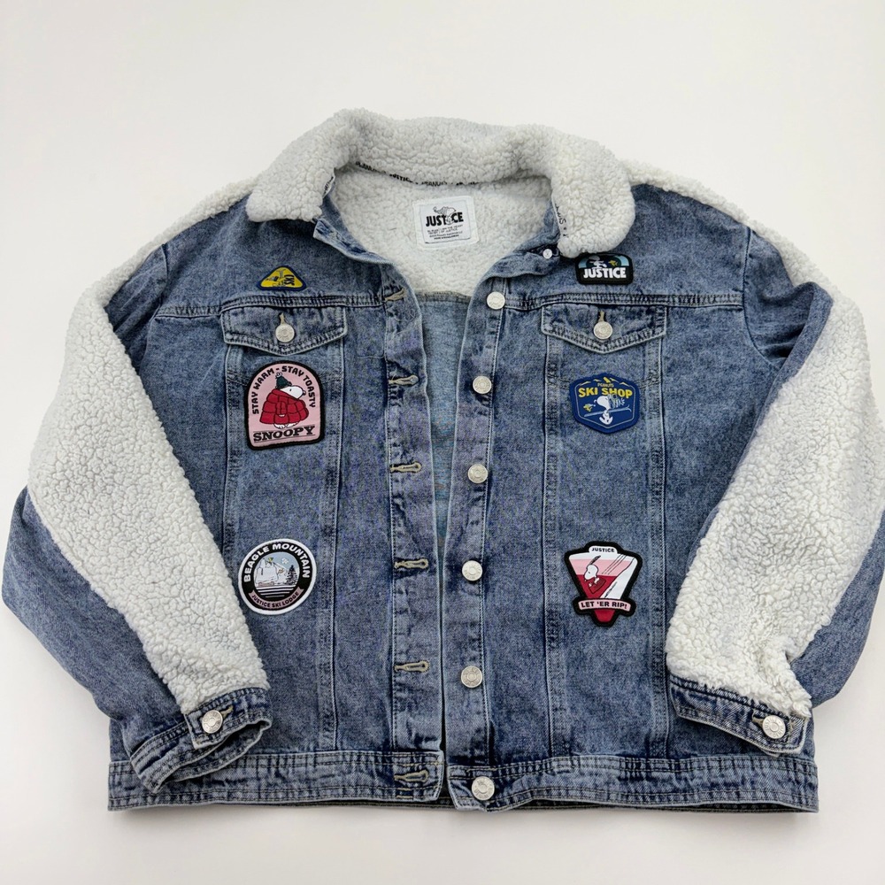 Justice Peanuts Snoopy Sherpa Denim Jacket Blue Acid Wash Girls XL Plus 16P 18P